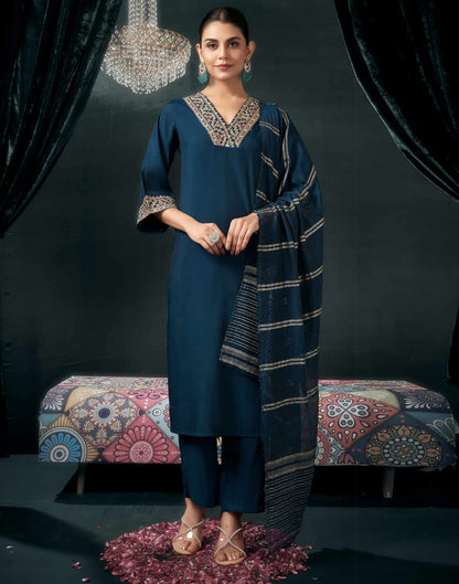 Rama Blue Cotton Sequence Straight Kurta Set with Dupatta