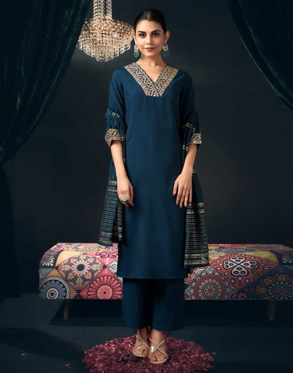 Rama Blue Cotton Sequence Straight Kurta Set with Dupatta