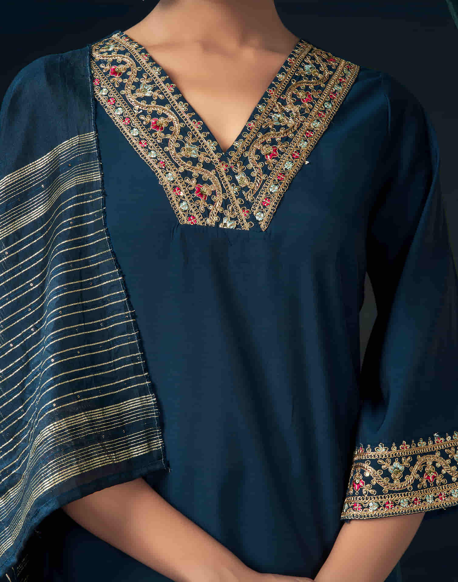 Rama Blue Cotton Sequence Straight Kurta Set with Dupatta