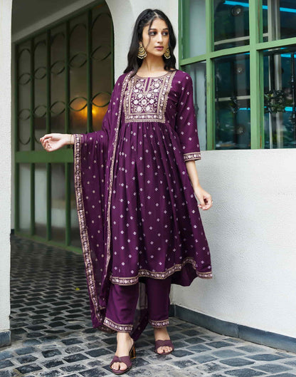 Deep Purple Chinnon Printed Straight Kurta Set With Dupatta