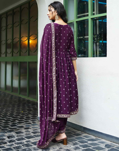 Deep Purple Chinnon Printed Straight Kurta Set With Dupatta