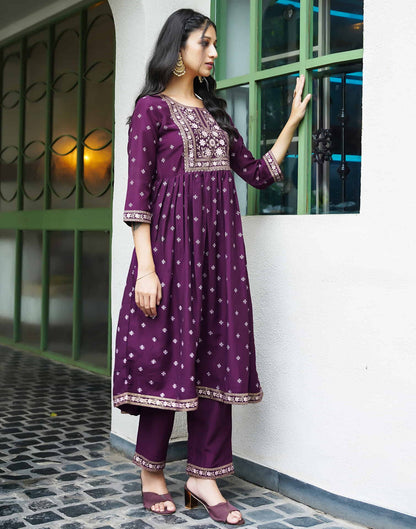 Deep Purple Chinnon Printed Straight Kurta Set With Dupatta