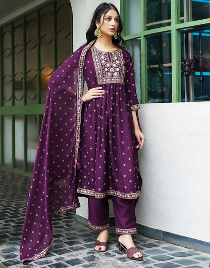 Deep Purple Chinnon Printed Straight Kurta Set With Dupatta