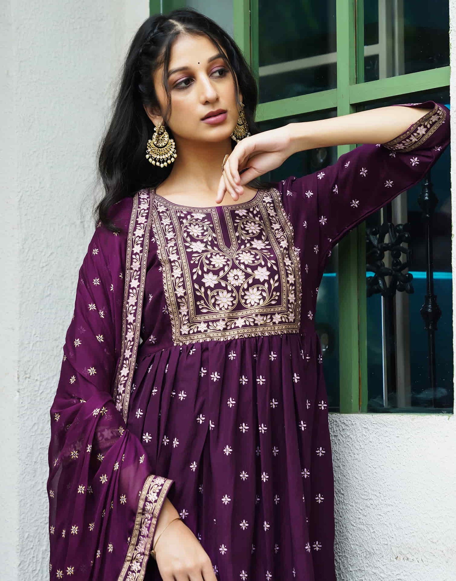 Deep Purple Chinnon Printed Straight Kurta Set With Dupatta