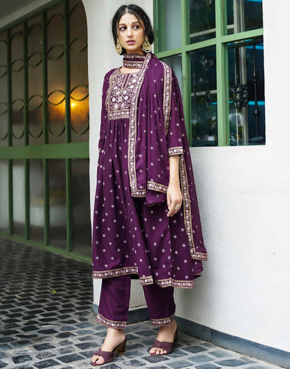 Deep Purple Chinnon Printed Straight Kurta Set With Dupatta