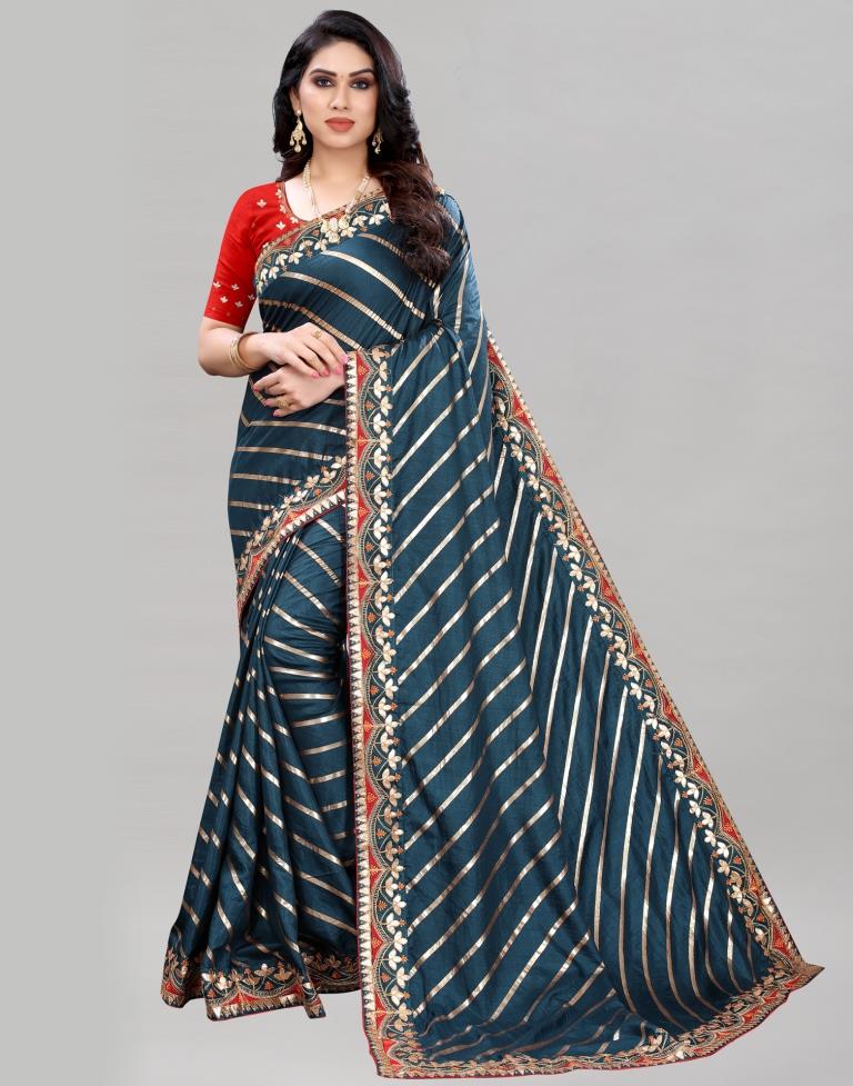 Teal Blue Embroidered Silk Saree | Sudathi