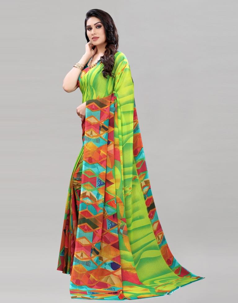 Parrot Green Printed Saree | Sudathi