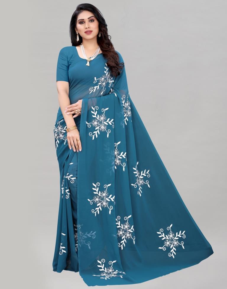 Teal Blue Coloured Georgette Embroidered Partywear saree | Sudathi