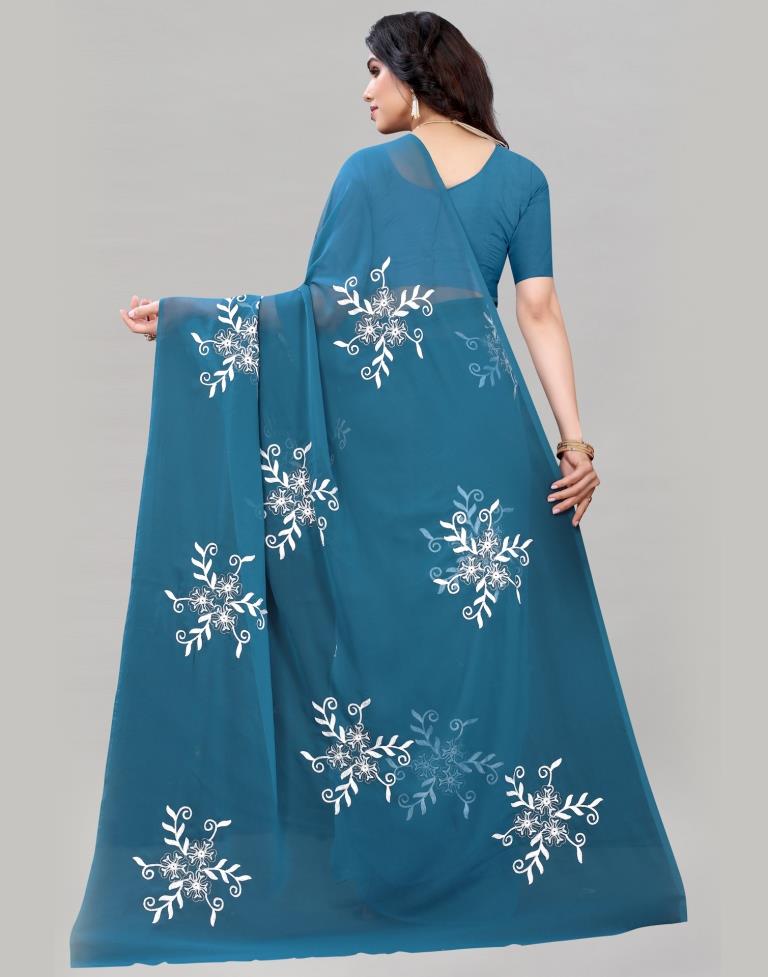 Teal Blue Coloured Georgette Embroidered Partywear saree | Sudathi