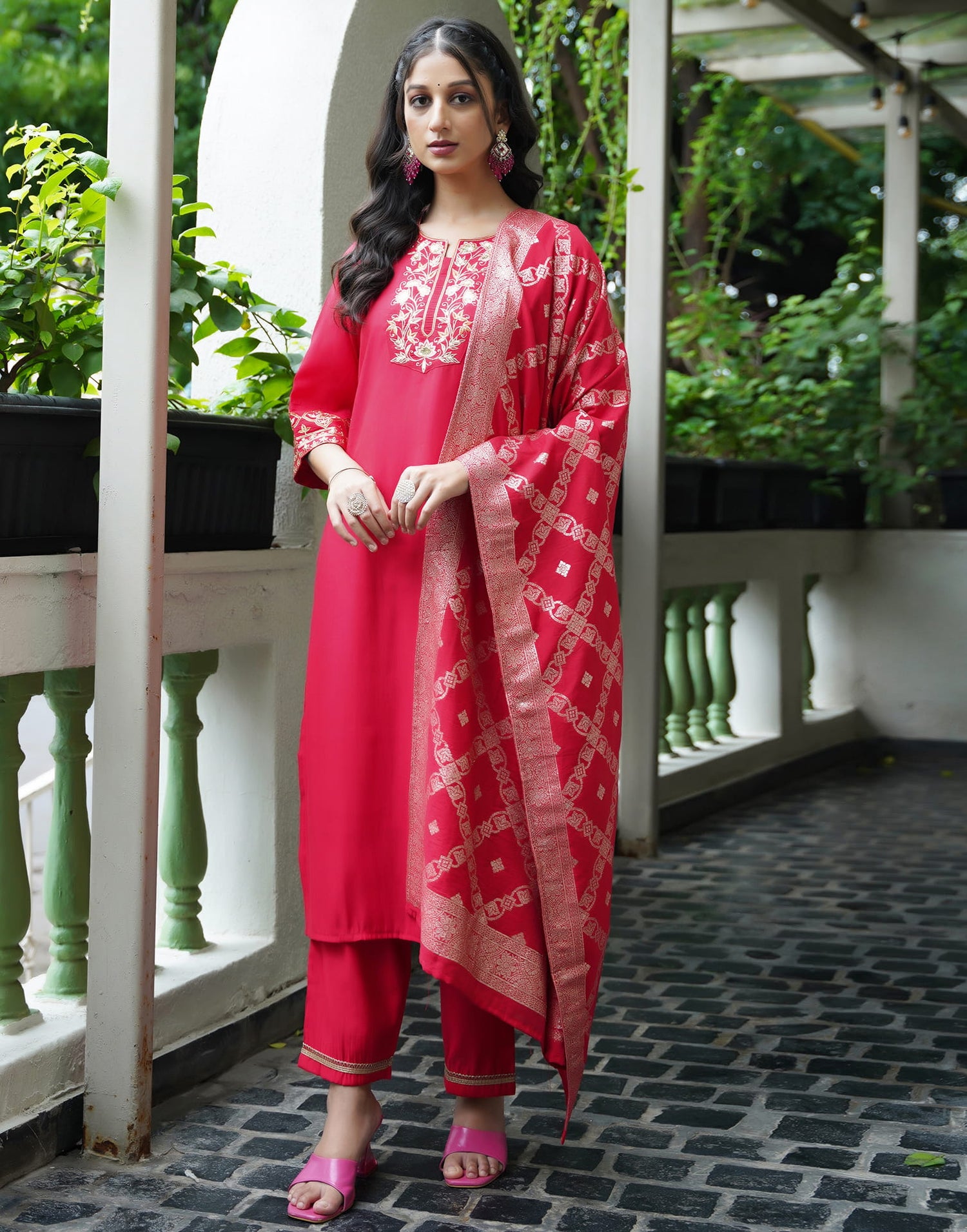 Rani Pink Silk Embroidery Straight Kurta Set  With Dupatta