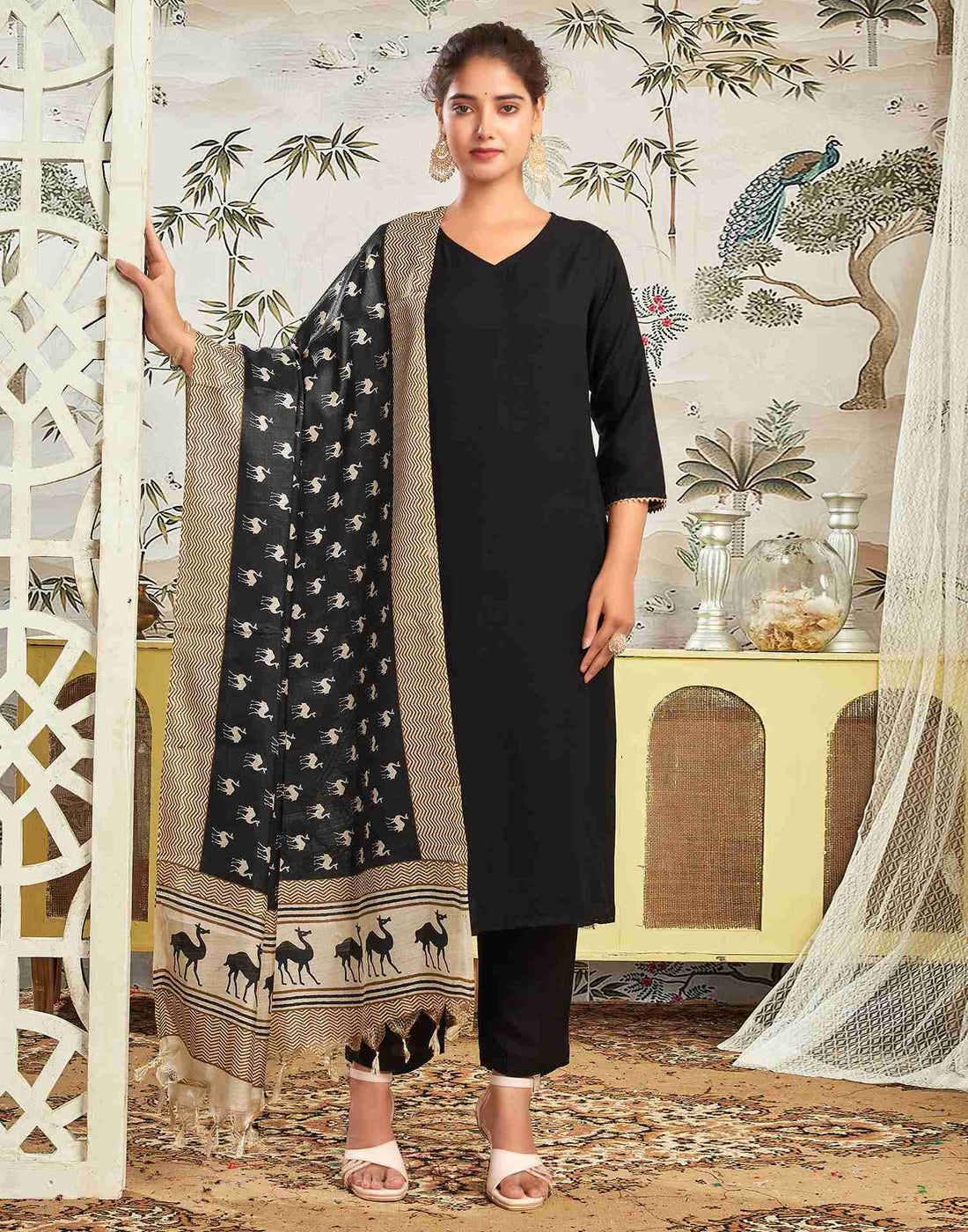 Black Rayon Plain Straight Kurta With Pant And Dupatta