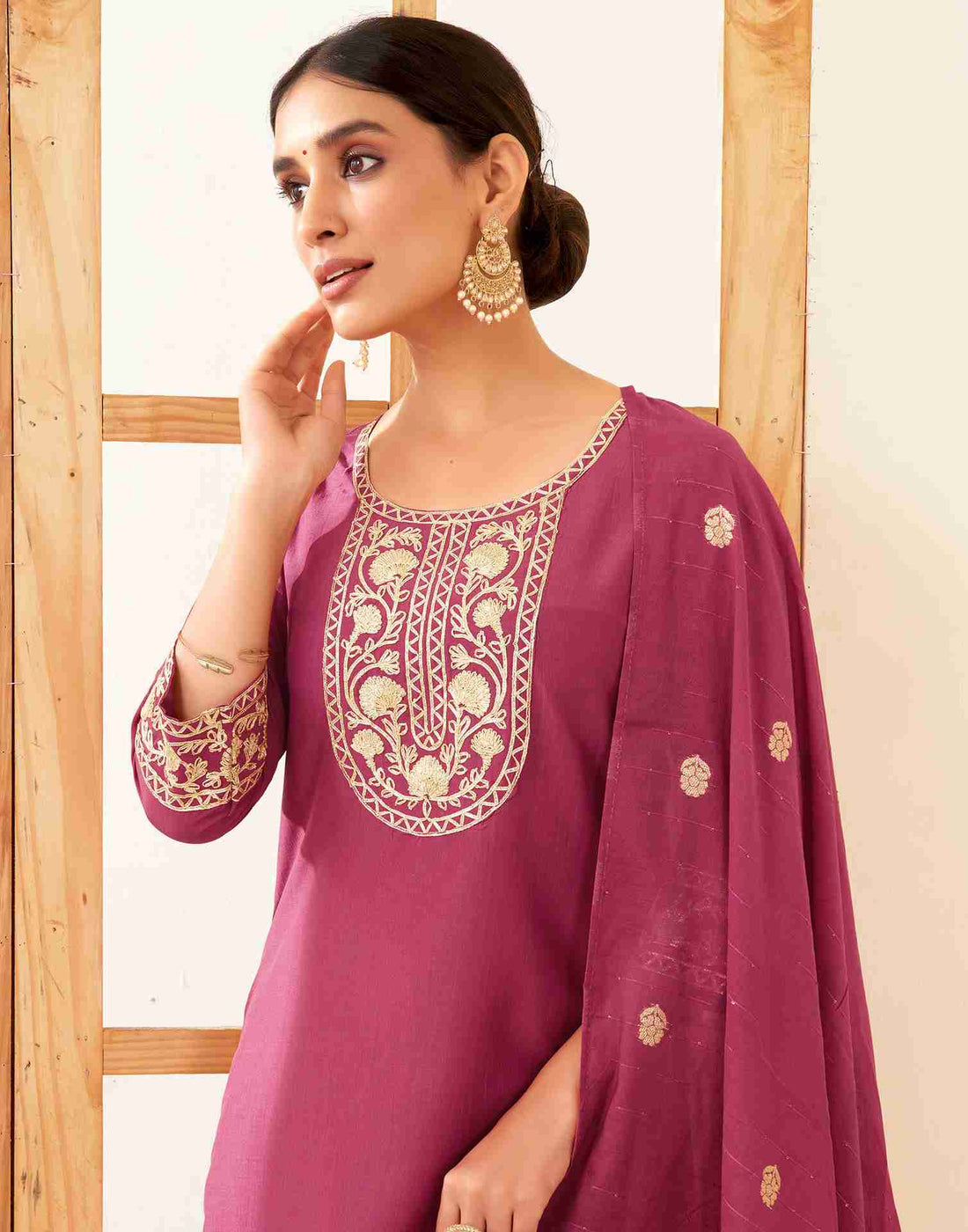 Rouge Pink Chinnon Plain Straight Kurta With Pant And Dupatta