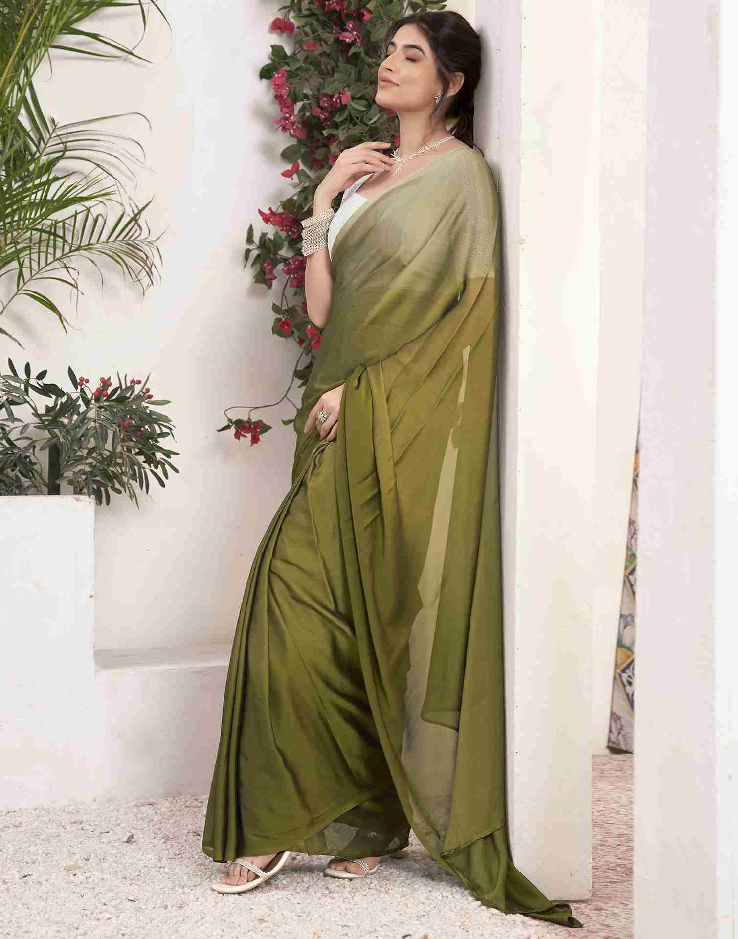 Ready To Wear Olive Green Georgette Plain Saree