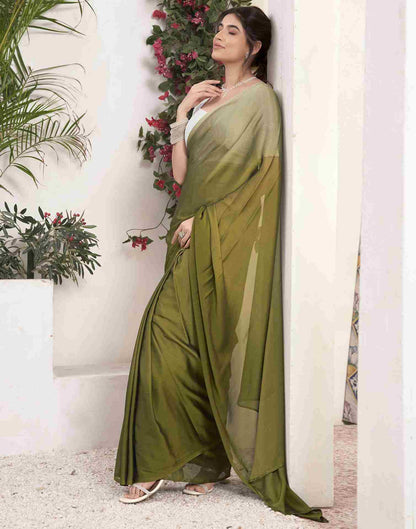 Ready To Wear Olive Green Georgette Plain Saree