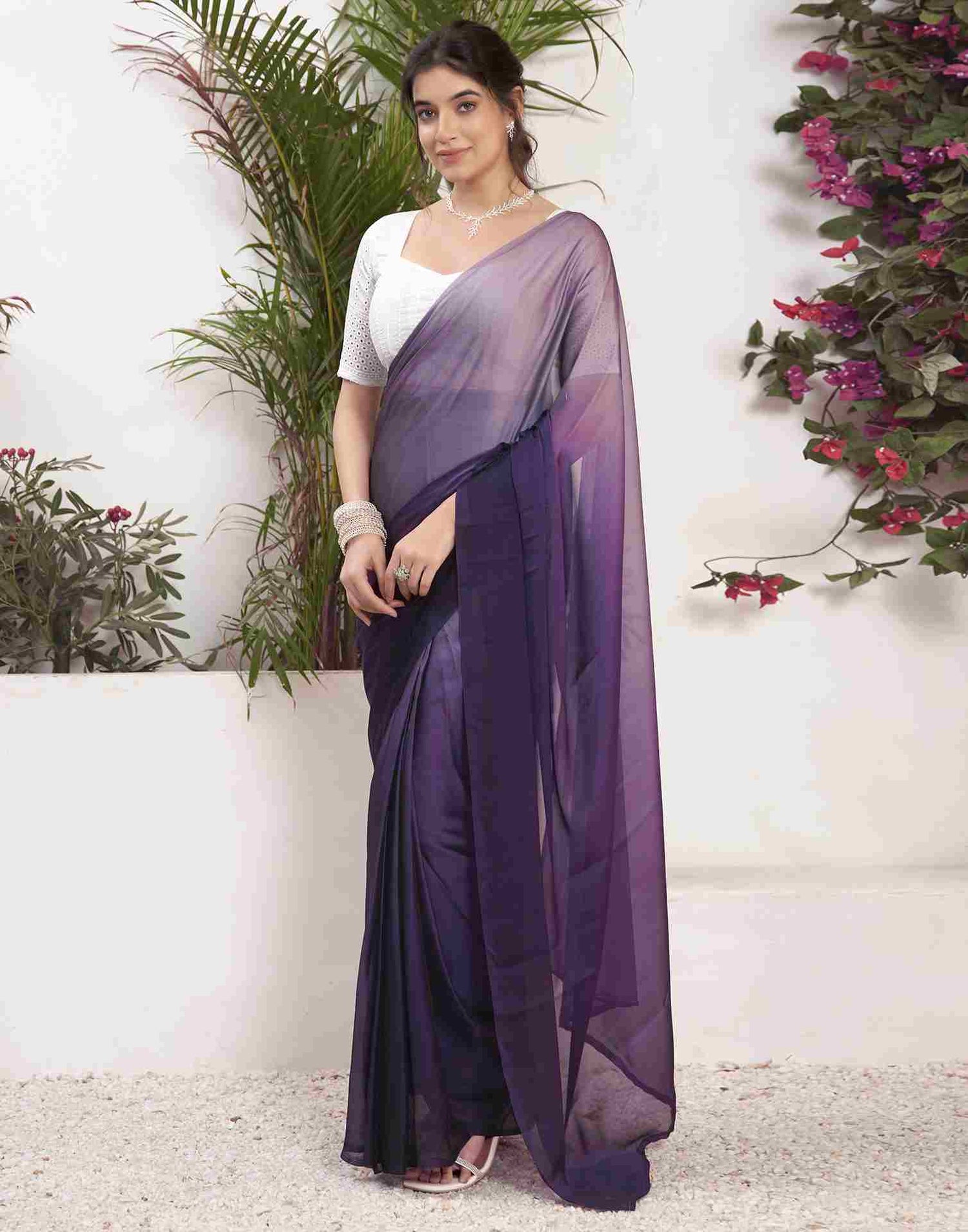 Ready To Wear Deep Purple Georgette Plain Saree