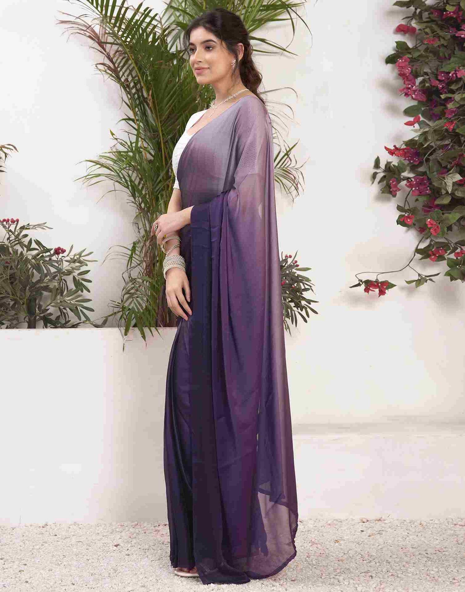 Ready To Wear Deep Purple Georgette Plain Saree