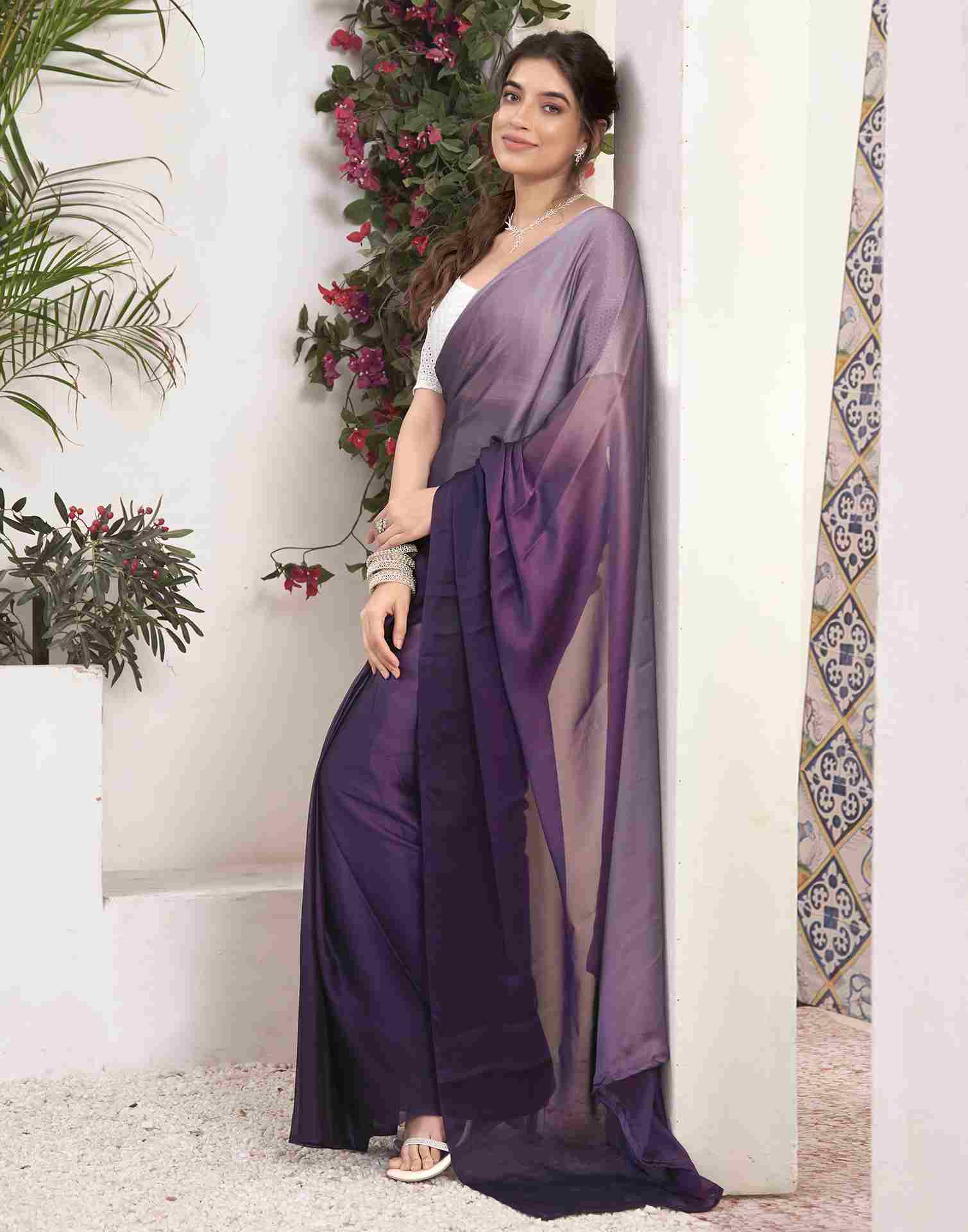 Ready To Wear Deep Purple Georgette Plain Saree