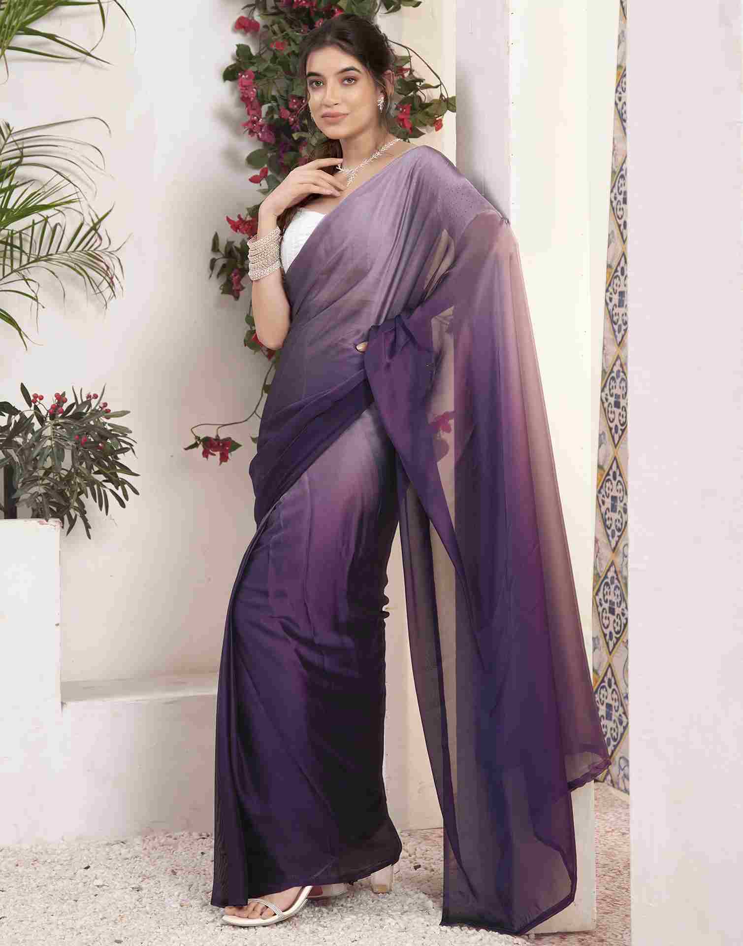 Ready To Wear Deep Purple Georgette Plain Saree