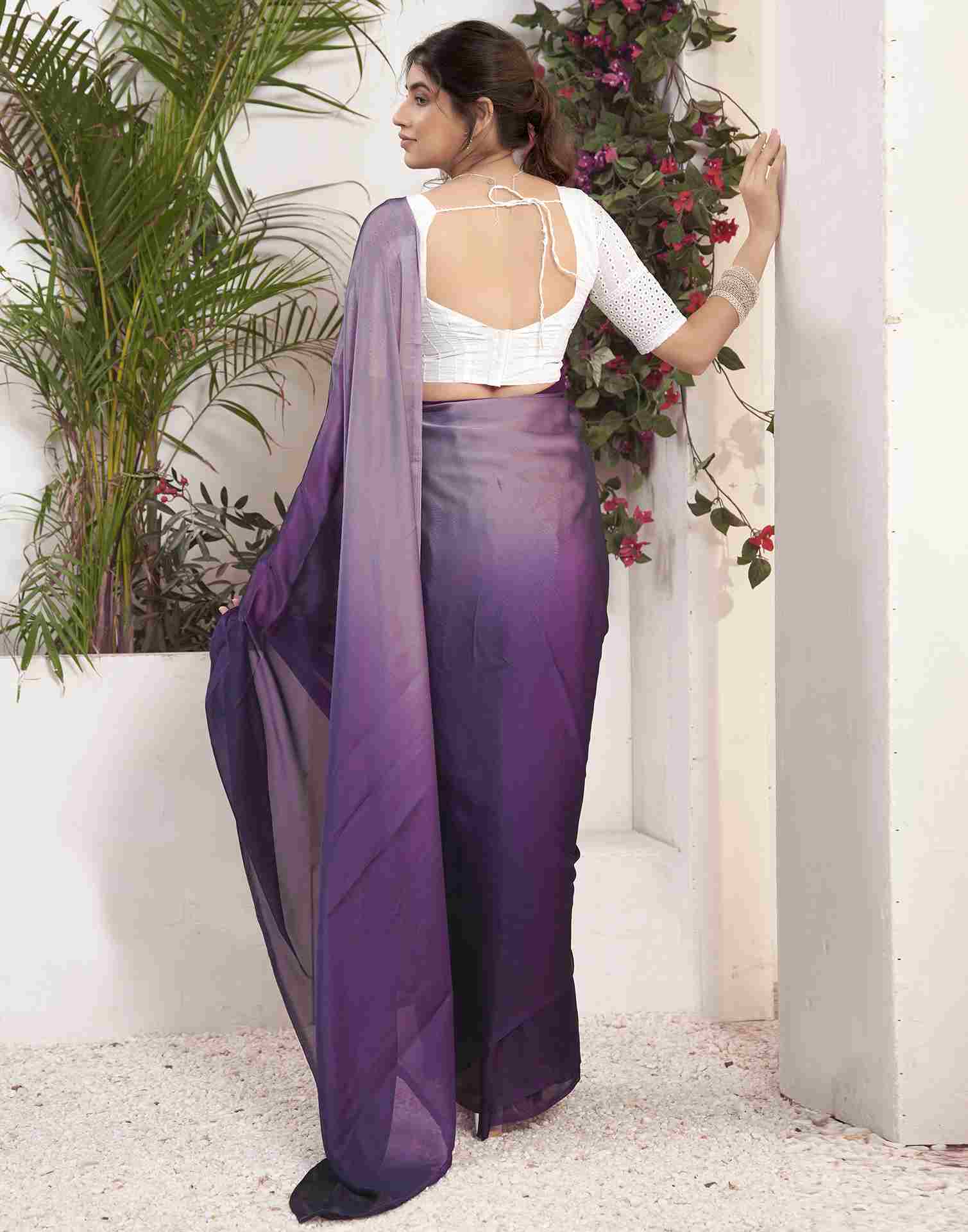 Ready To Wear Deep Purple Georgette Plain Saree