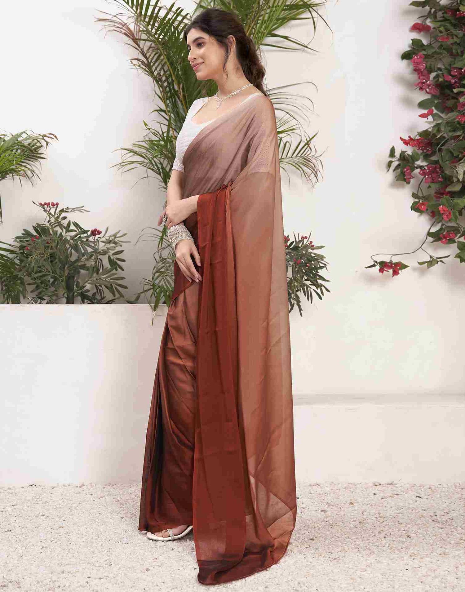 Ready To Wear Chestnut Brown Georgette Plain Saree