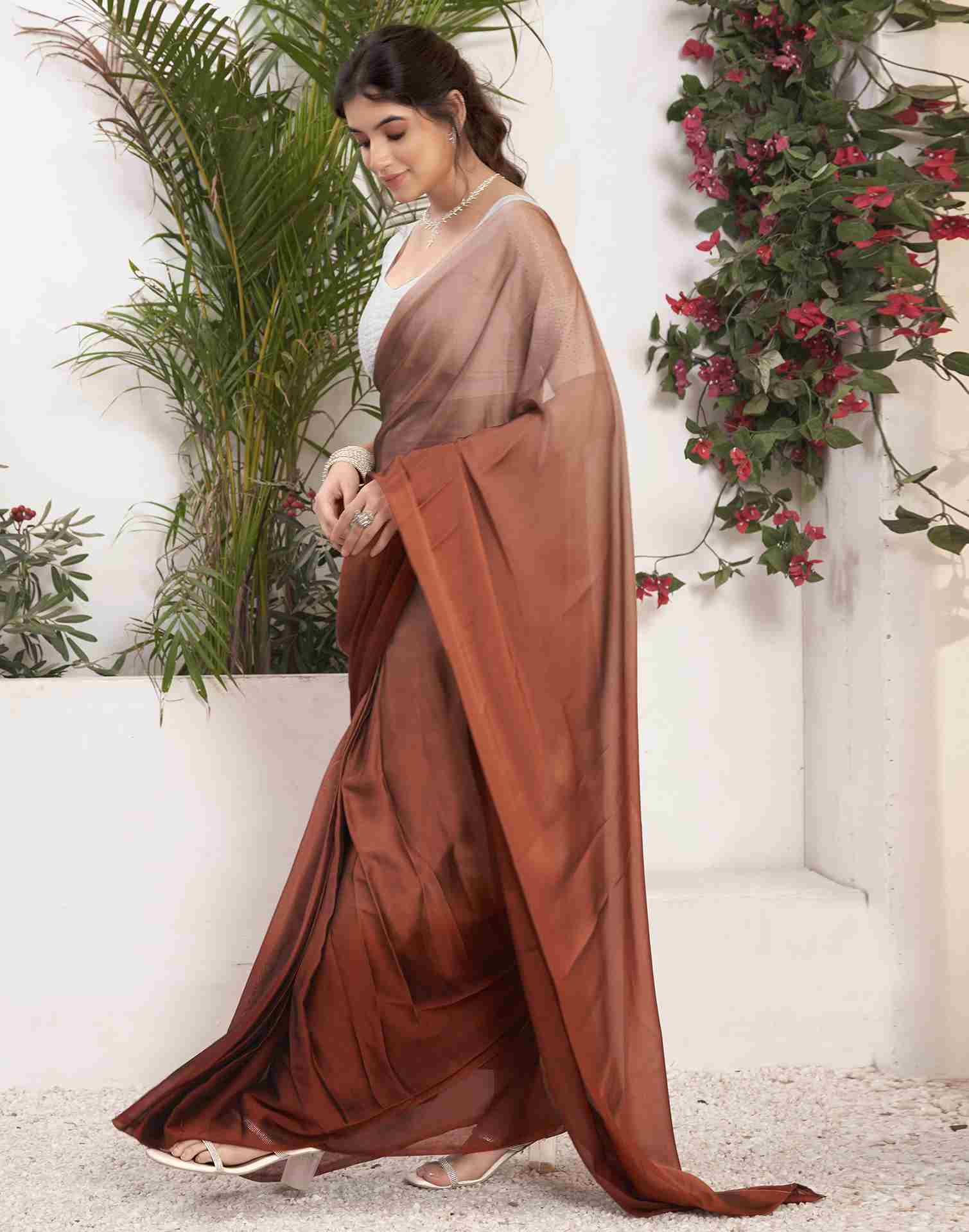 Ready To Wear Chestnut Brown Georgette Plain Saree