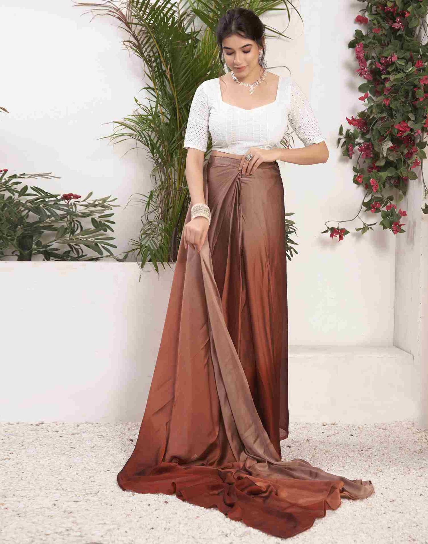 Ready To Wear Chestnut Brown Georgette Plain Saree