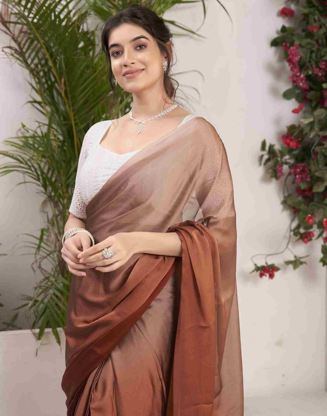 Ready To Wear Chestnut Brown Georgette Plain Saree