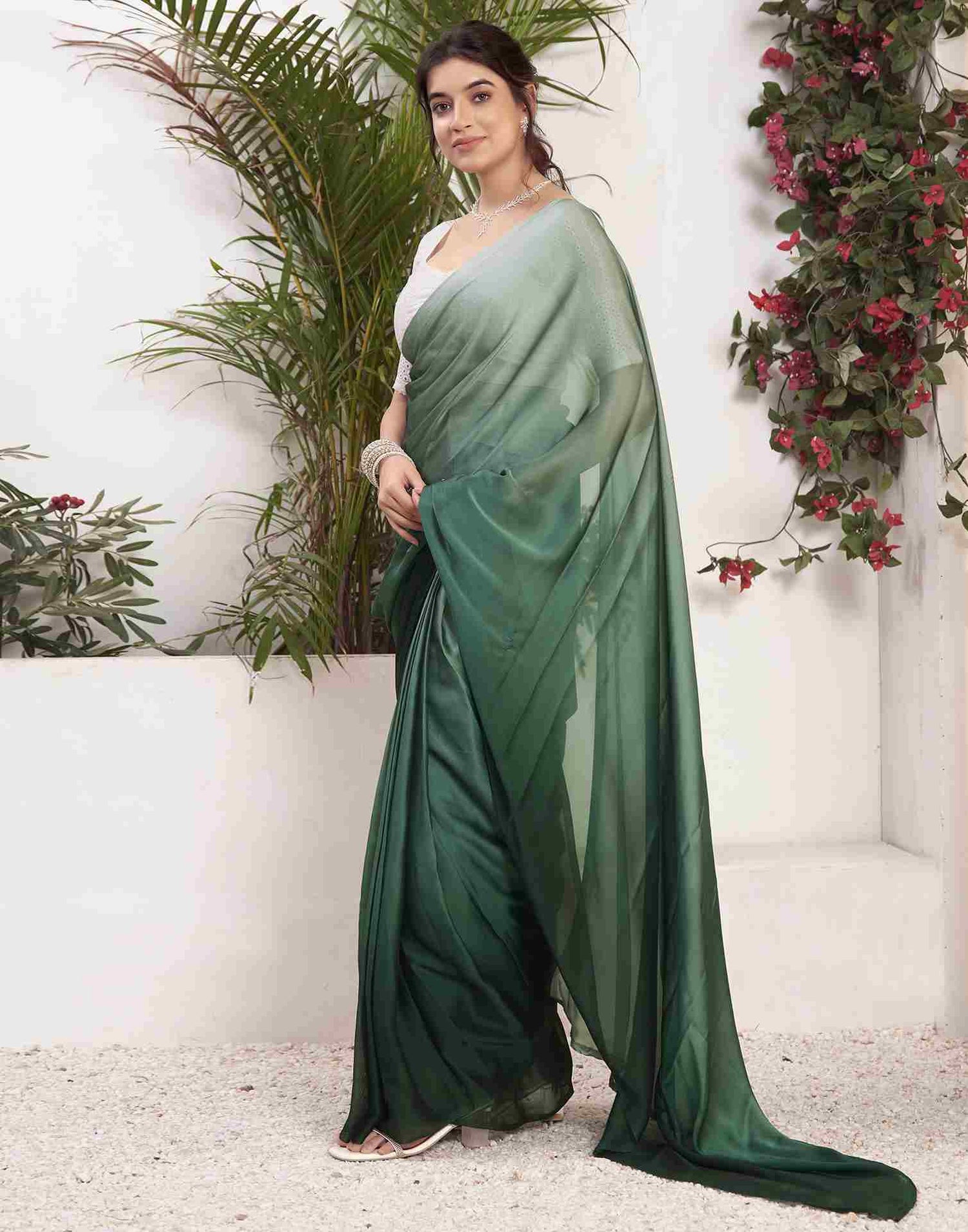 Ready To Wear Dark Green Georgette Plain Saree