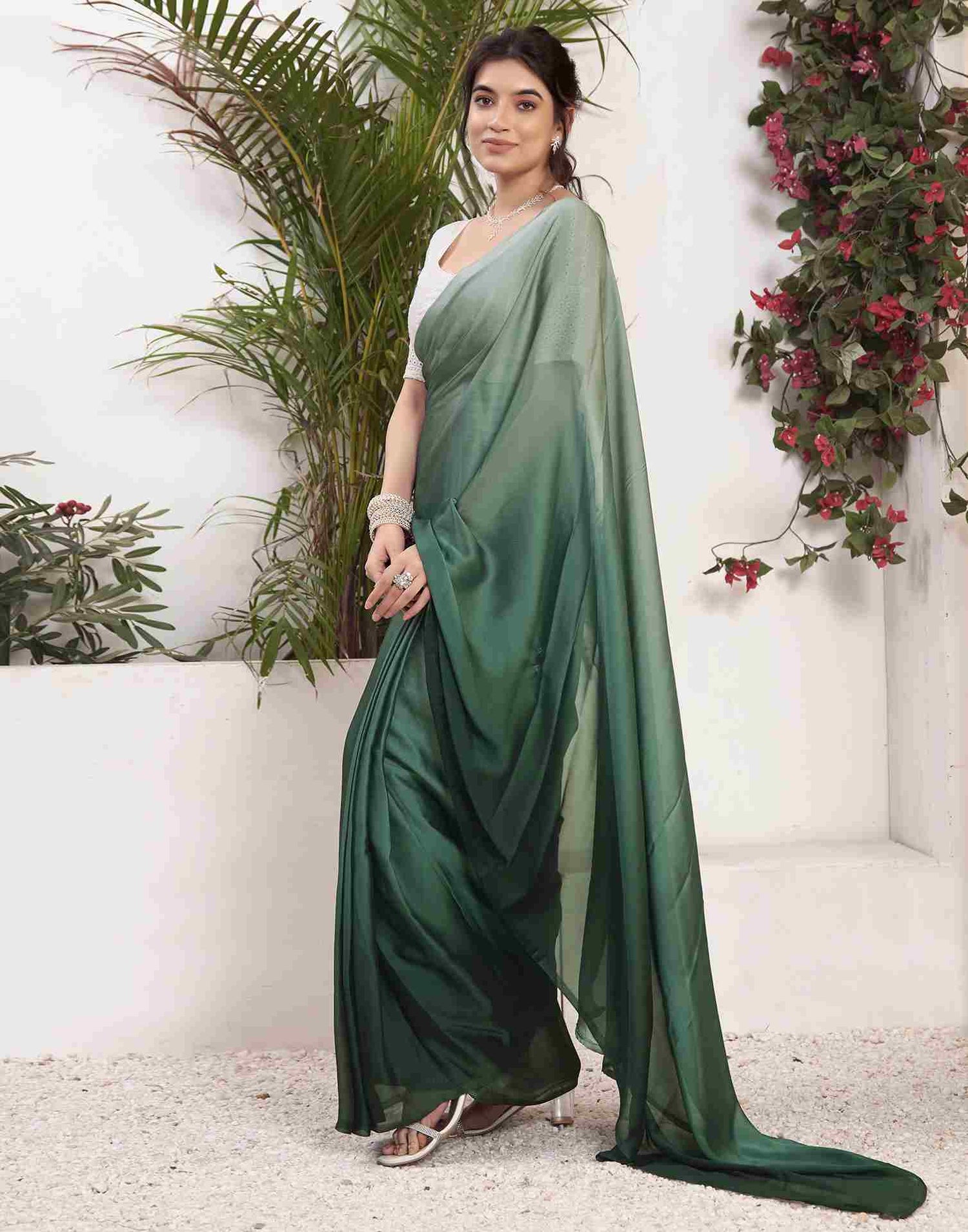 Ready To Wear Dark Green Georgette Plain Saree