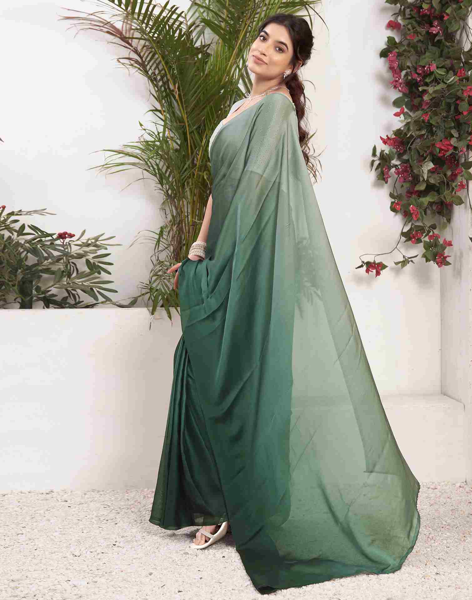 Ready To Wear Dark Green Georgette Plain Saree