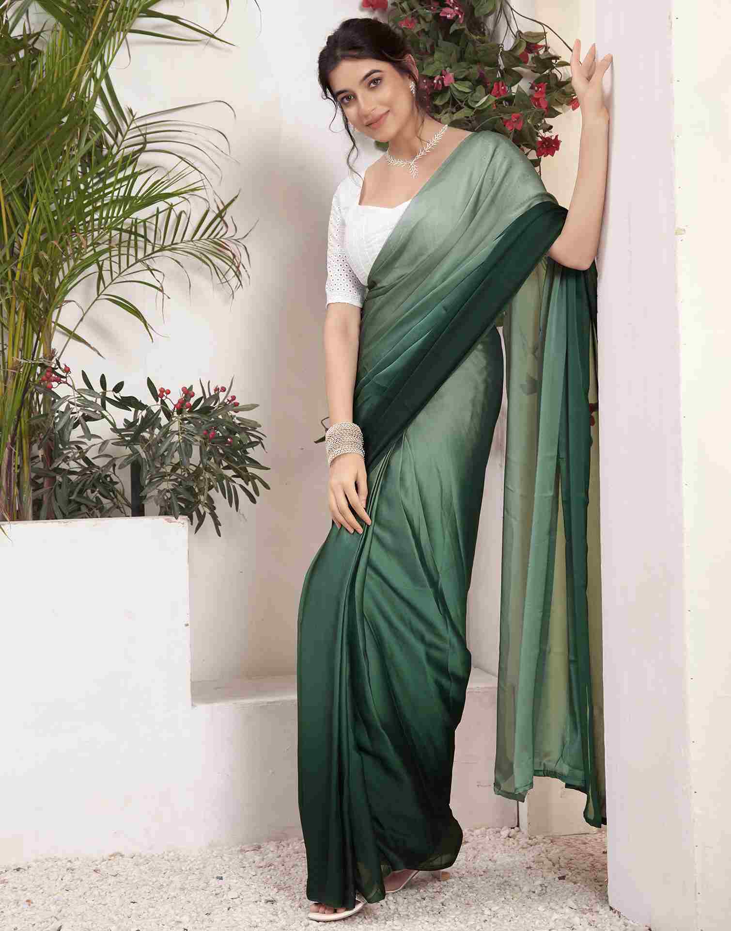 Ready To Wear Dark Green Georgette Plain Saree