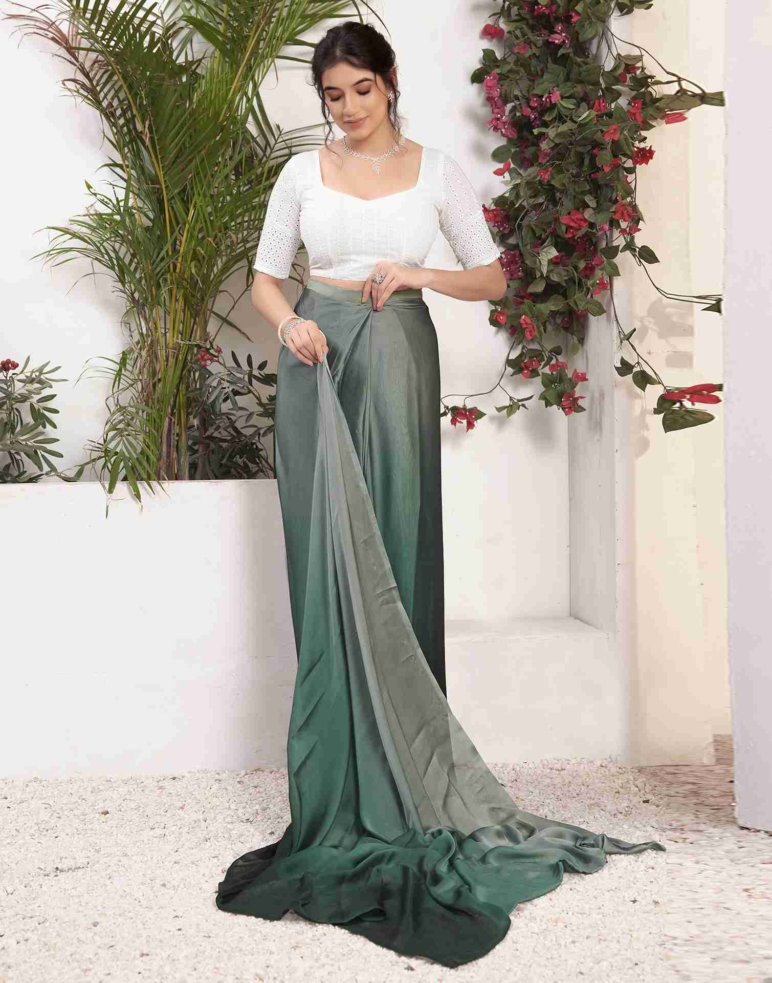 Ready To Wear Dark Green Georgette Plain Saree