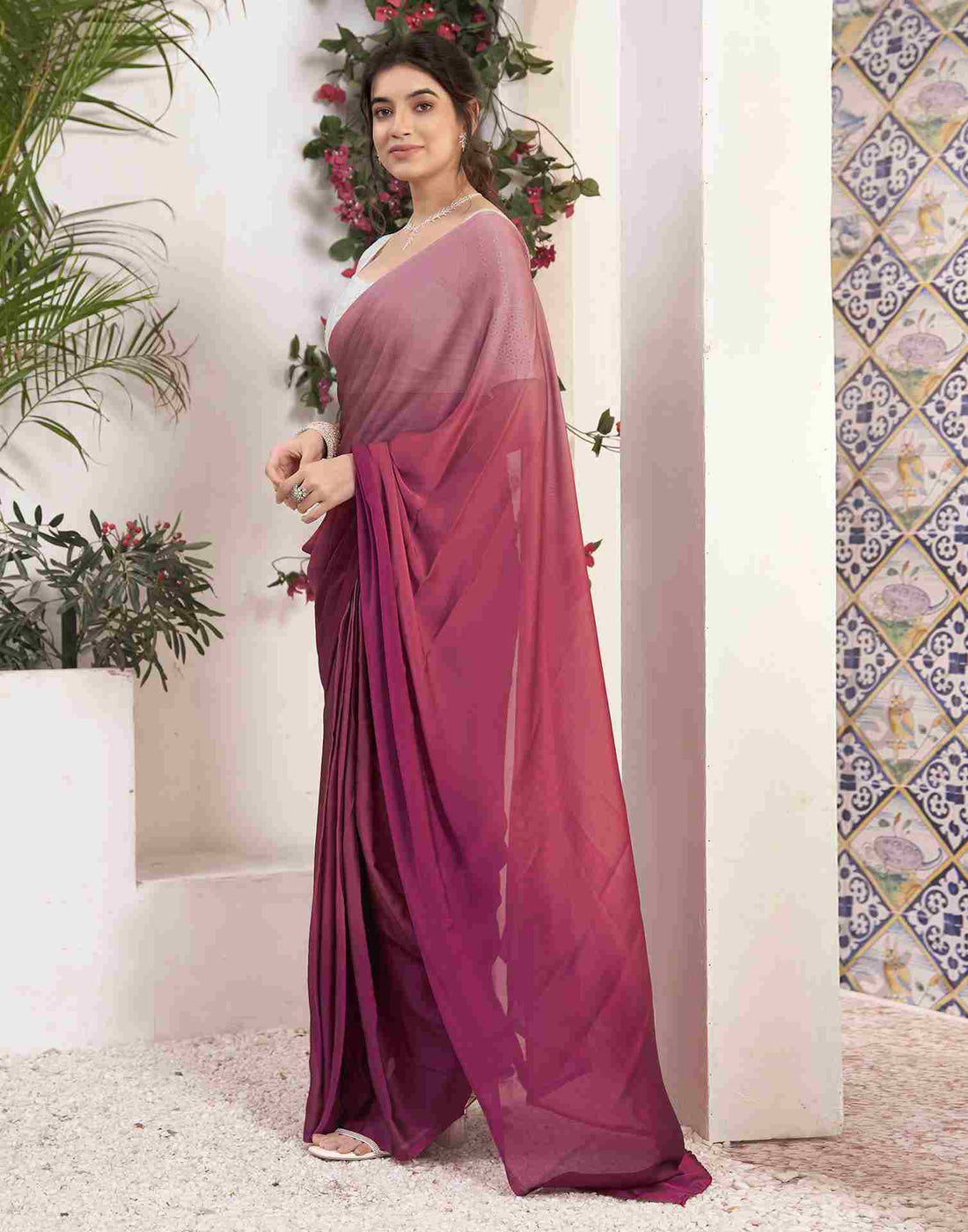 Ready To Wear Magenta Georgette Plain Saree