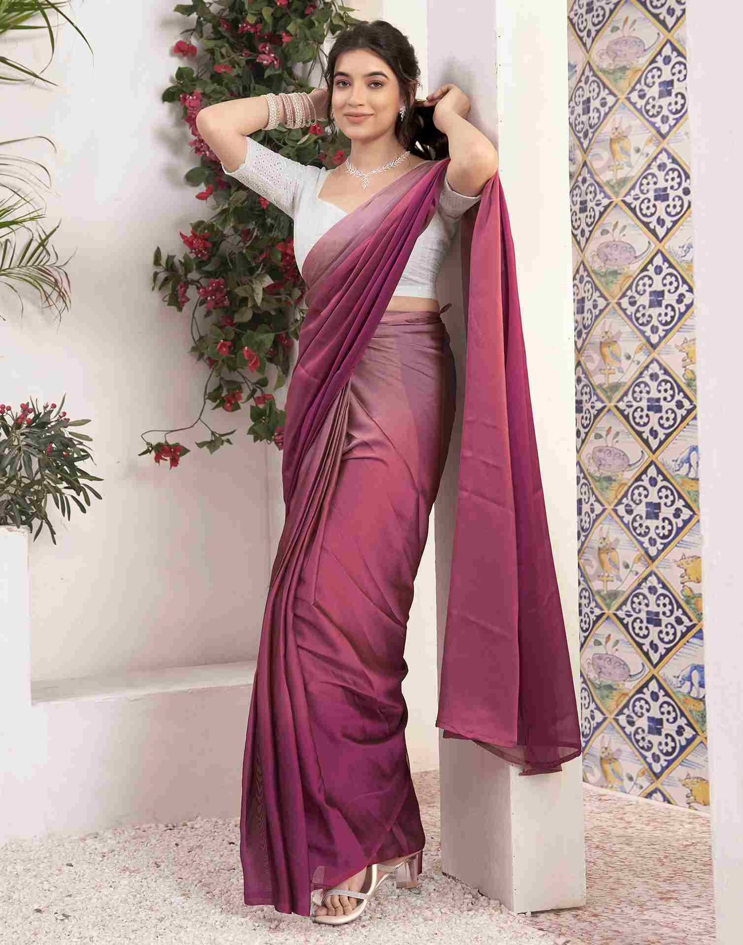 Ready To Wear Magenta Georgette Plain Saree