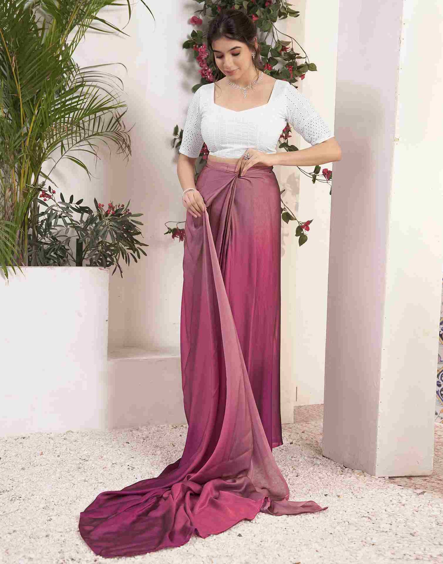 Ready To Wear Magenta Georgette Plain Saree