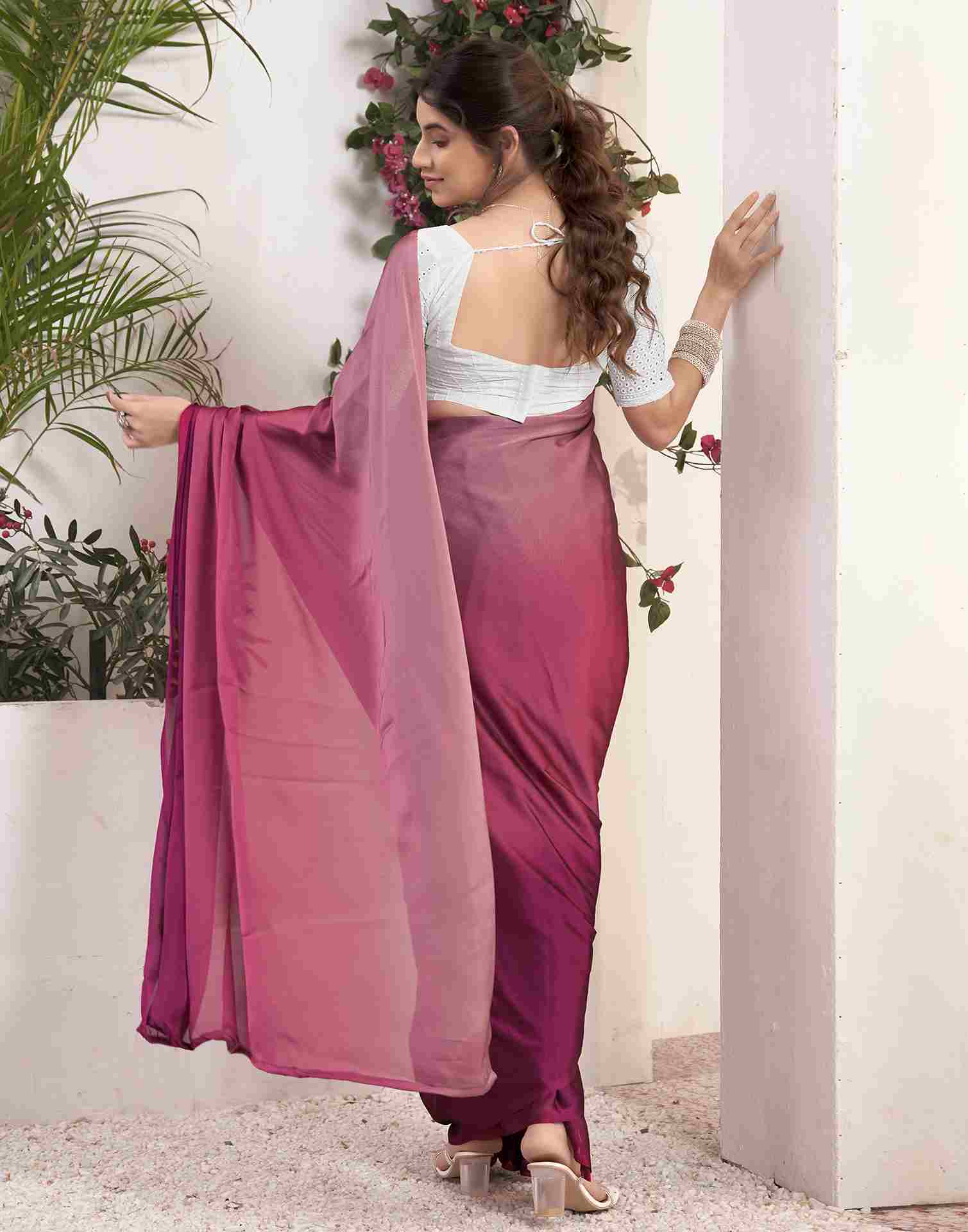 Ready To Wear Magenta Georgette Plain Saree