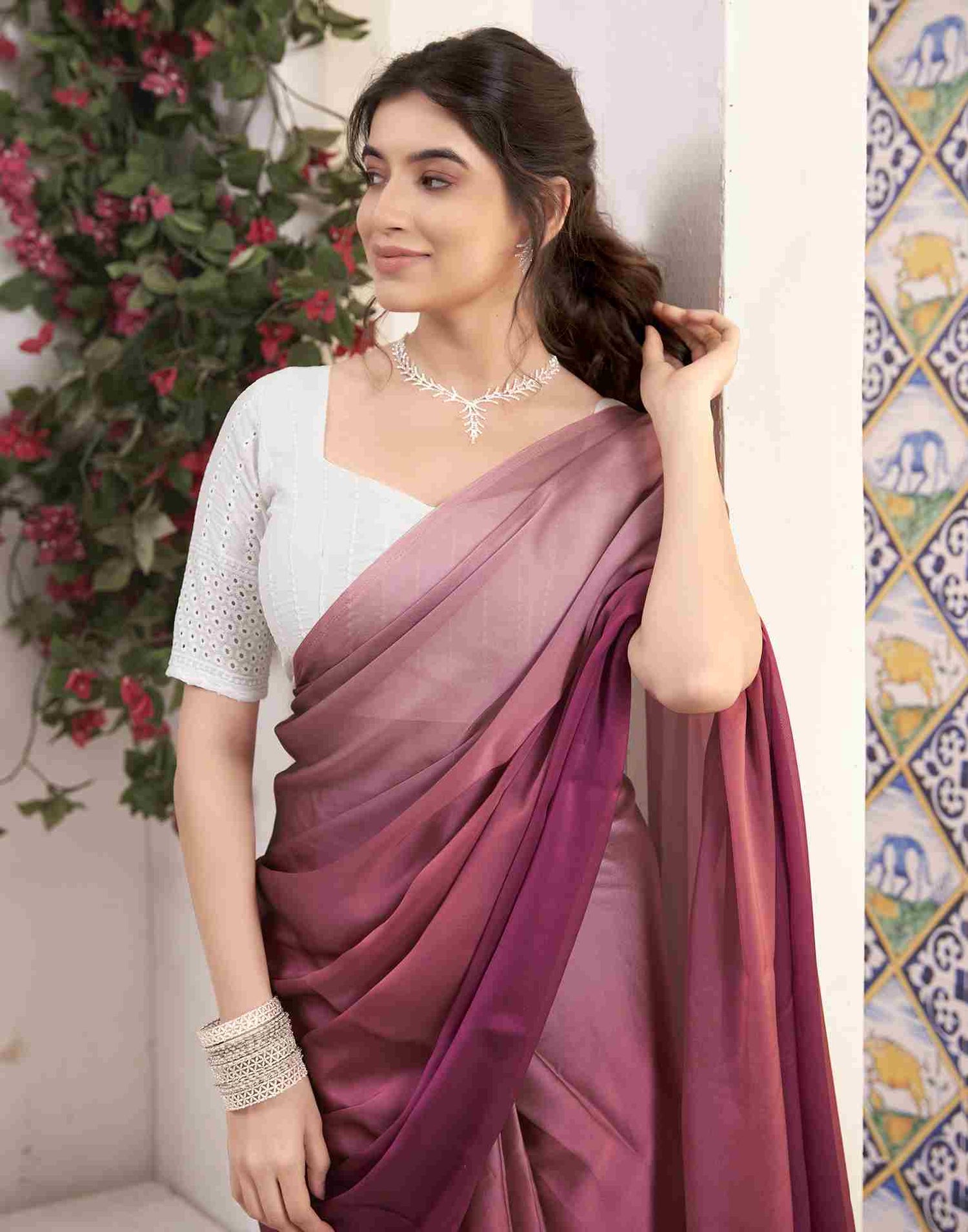 Ready To Wear Magenta Georgette Plain Saree