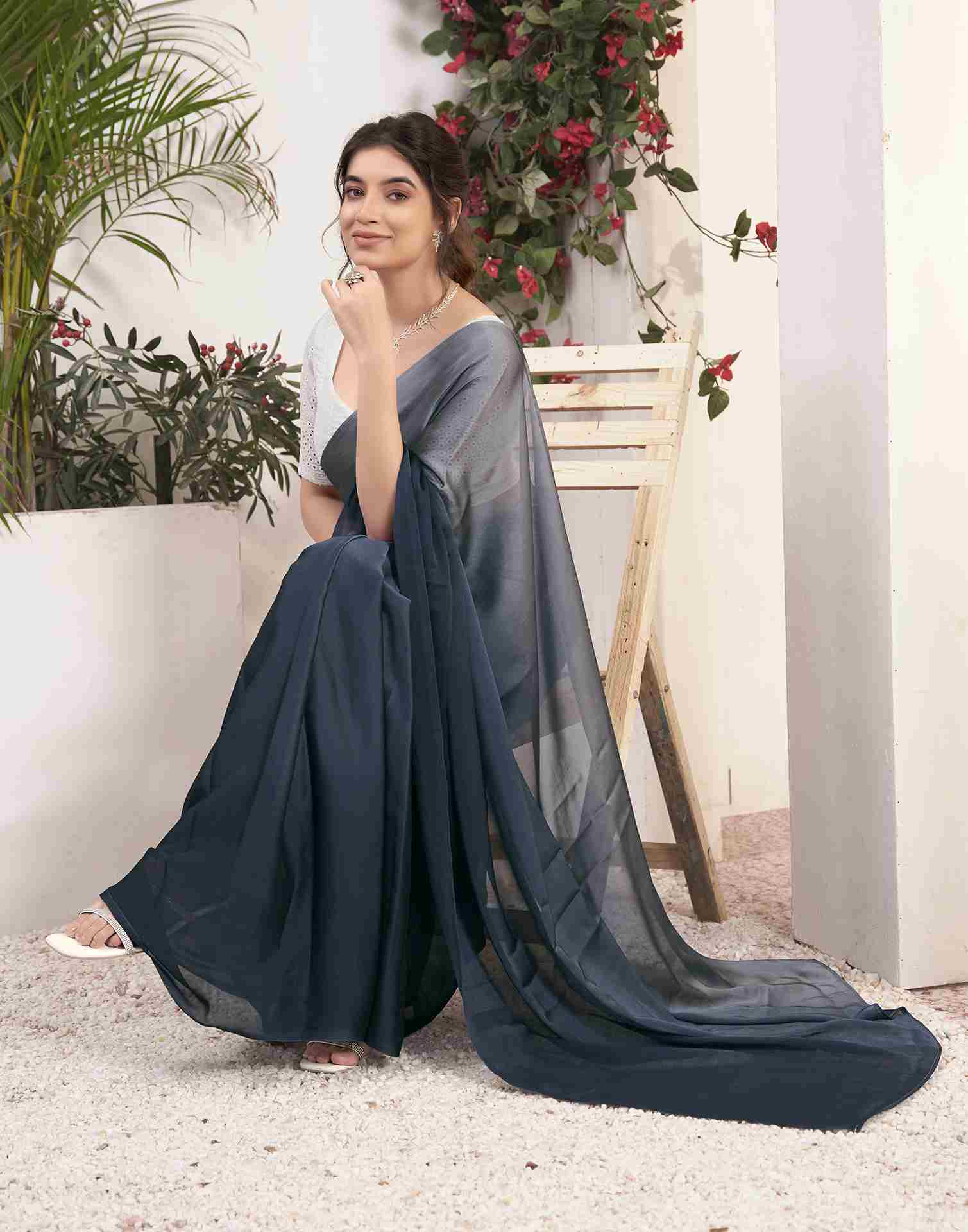 Ready To Wear Steel Grey Georgette Plain Saree