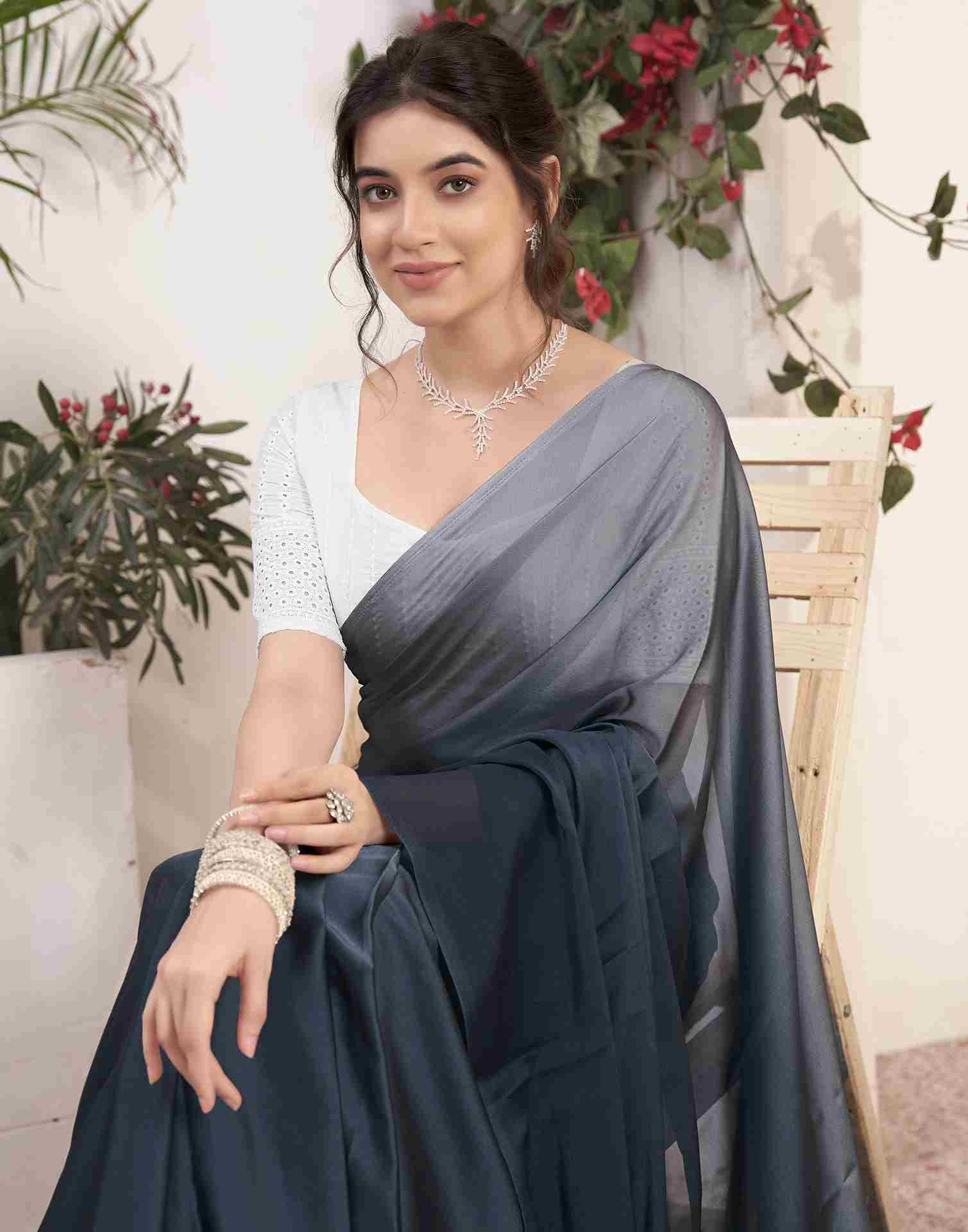 Ready To Wear Steel Grey Georgette Plain Saree