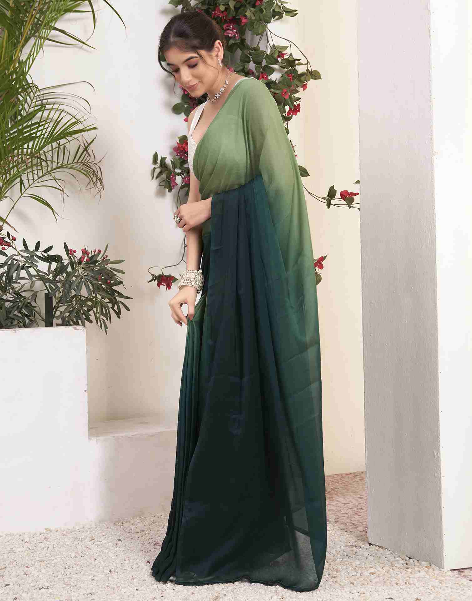 Ready To Wear Dark Green Georgette Plain Saree