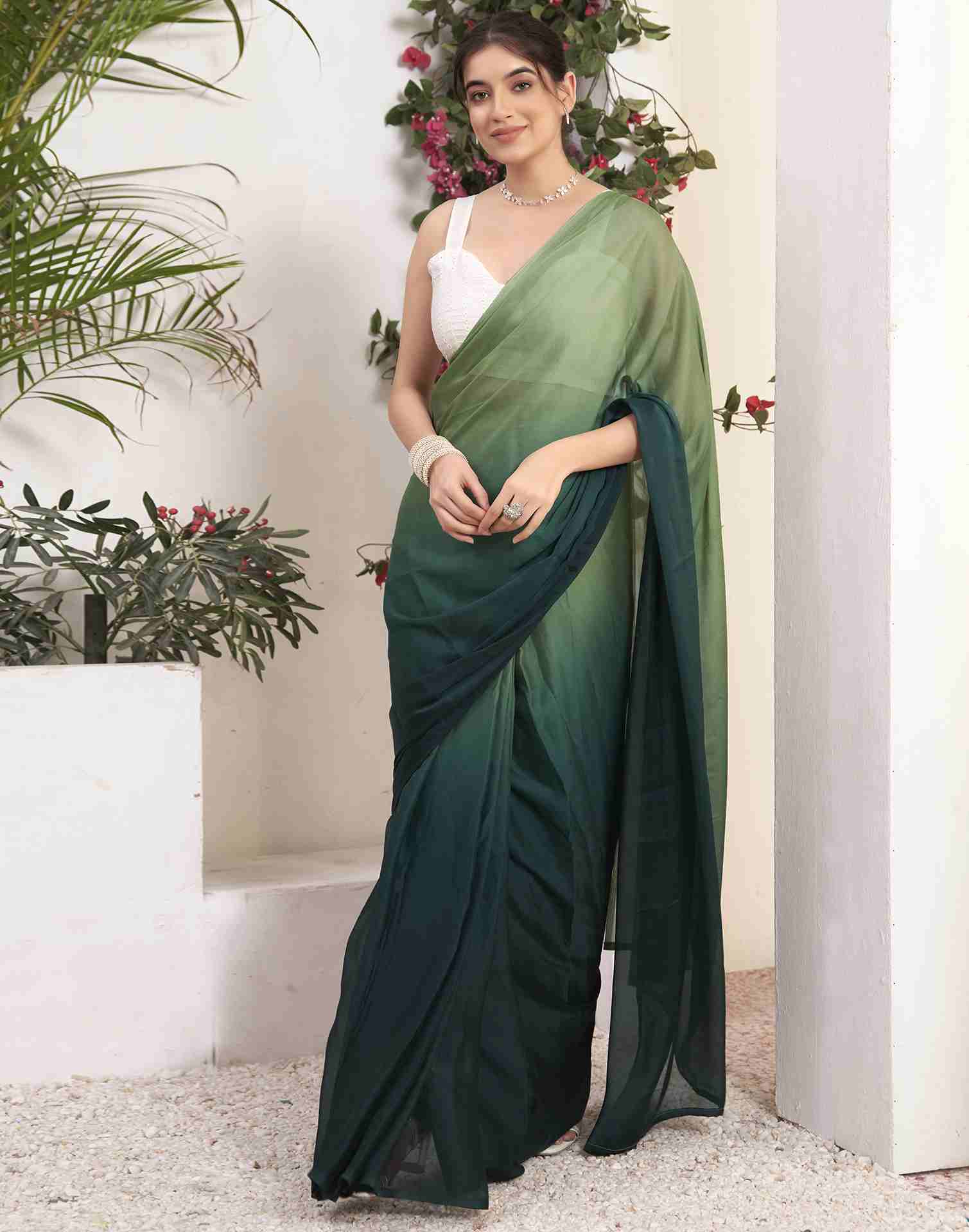 Ready To Wear Dark Green Georgette Plain Saree