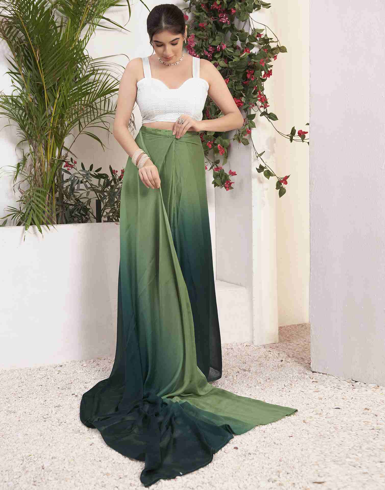 Ready To Wear Dark Green Georgette Plain Saree