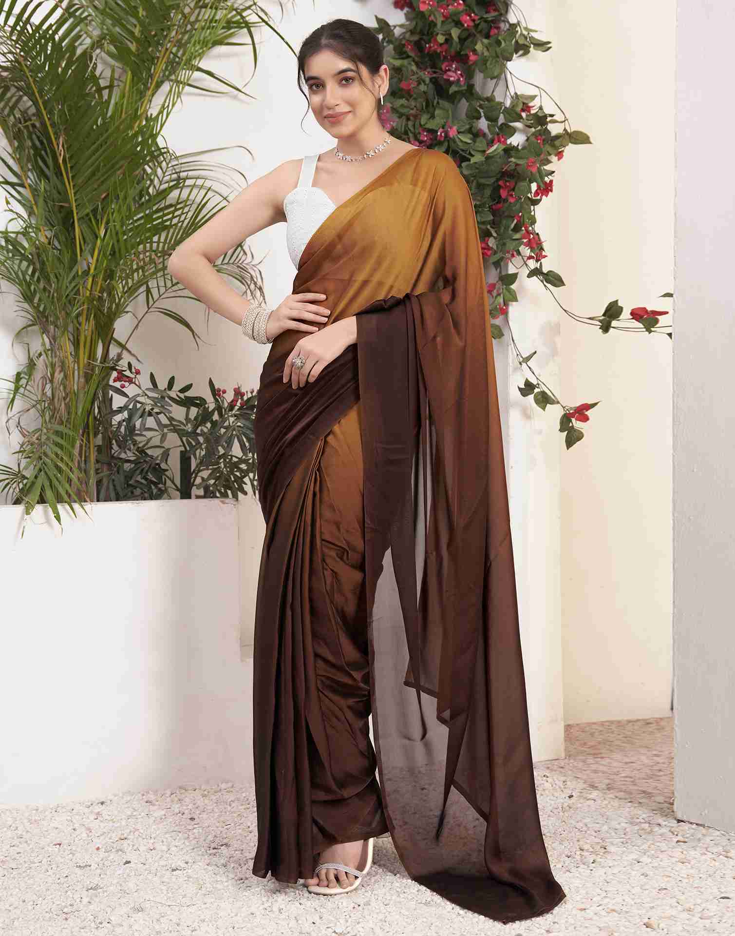 Ready To Wear Brown Georgette Plain Saree