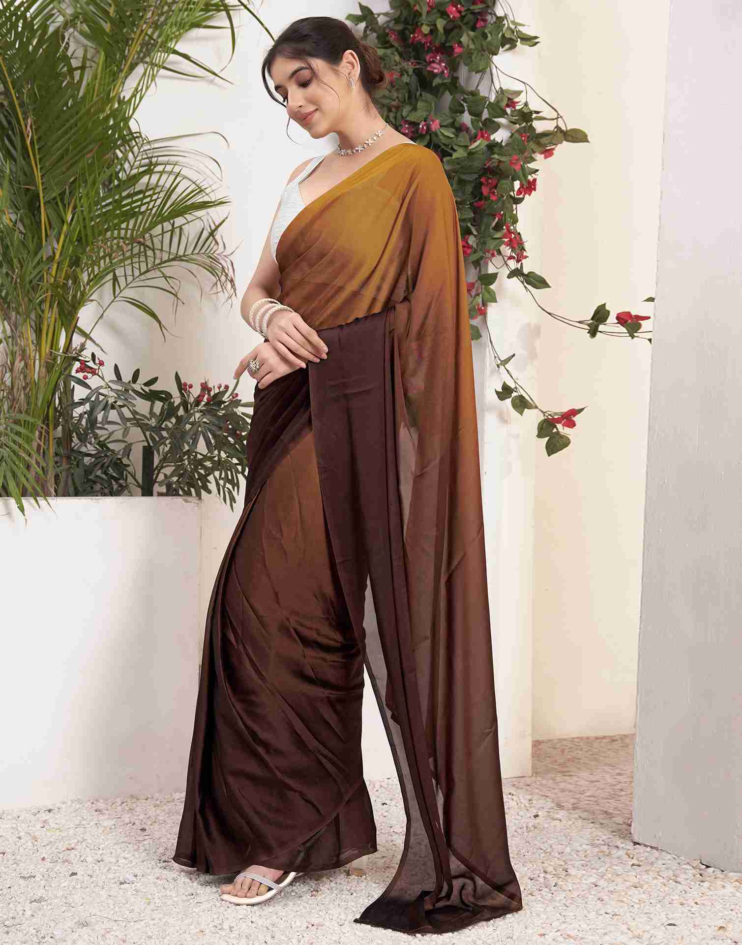 Ready To Wear Brown Georgette Plain Saree