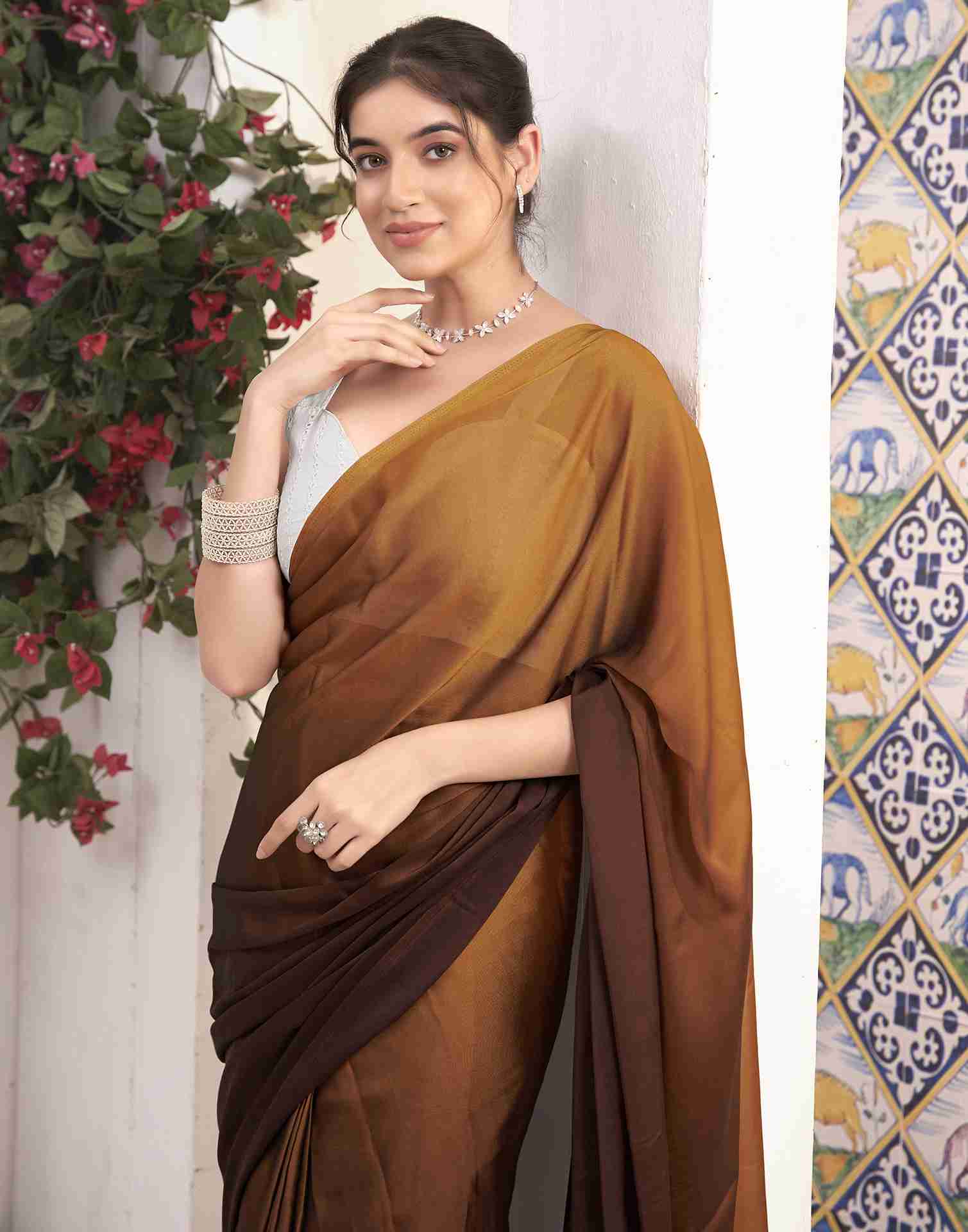 Ready To Wear Brown Georgette Plain Saree