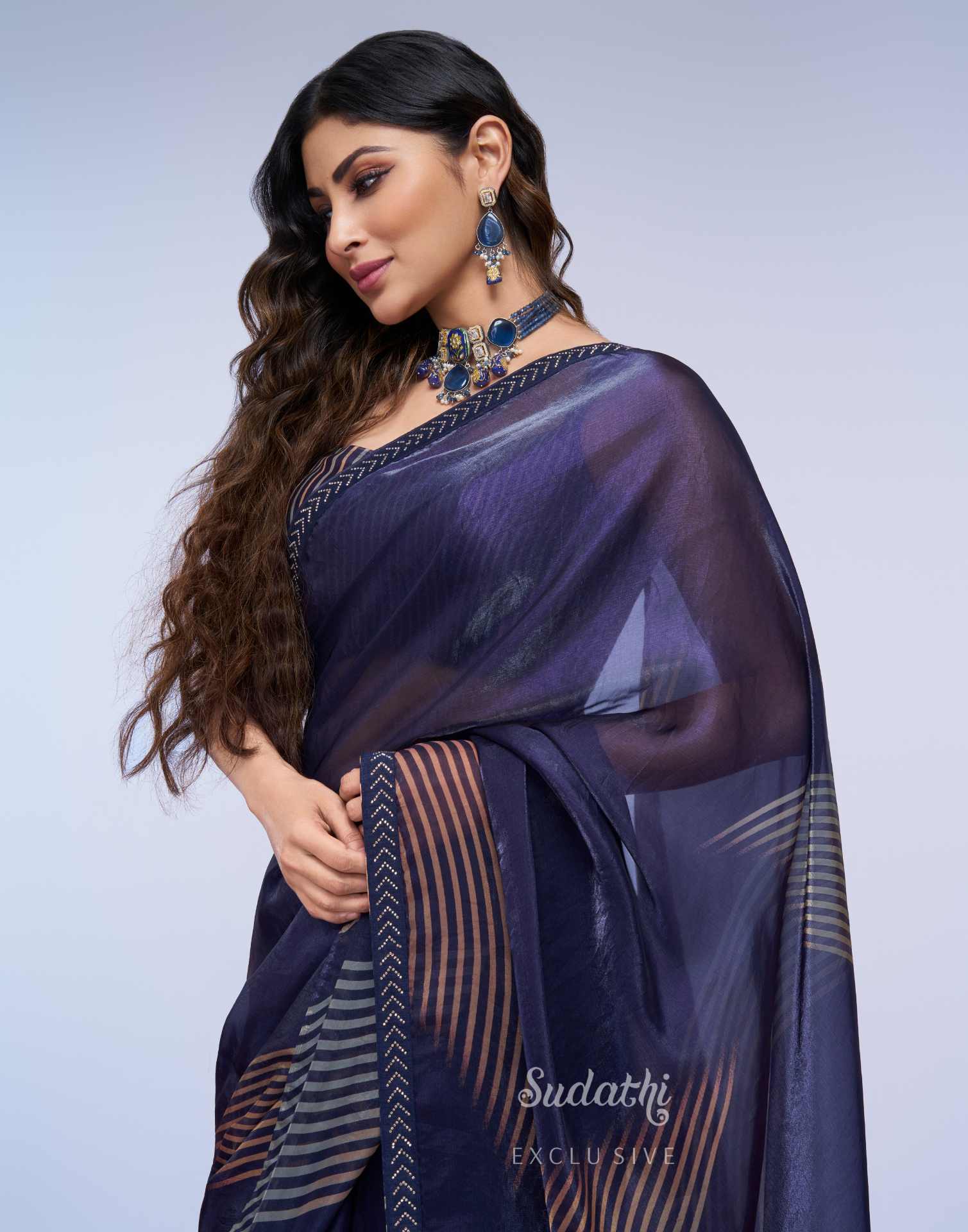 Mouni Roy Midnight Blue Gold Swarovski Saree