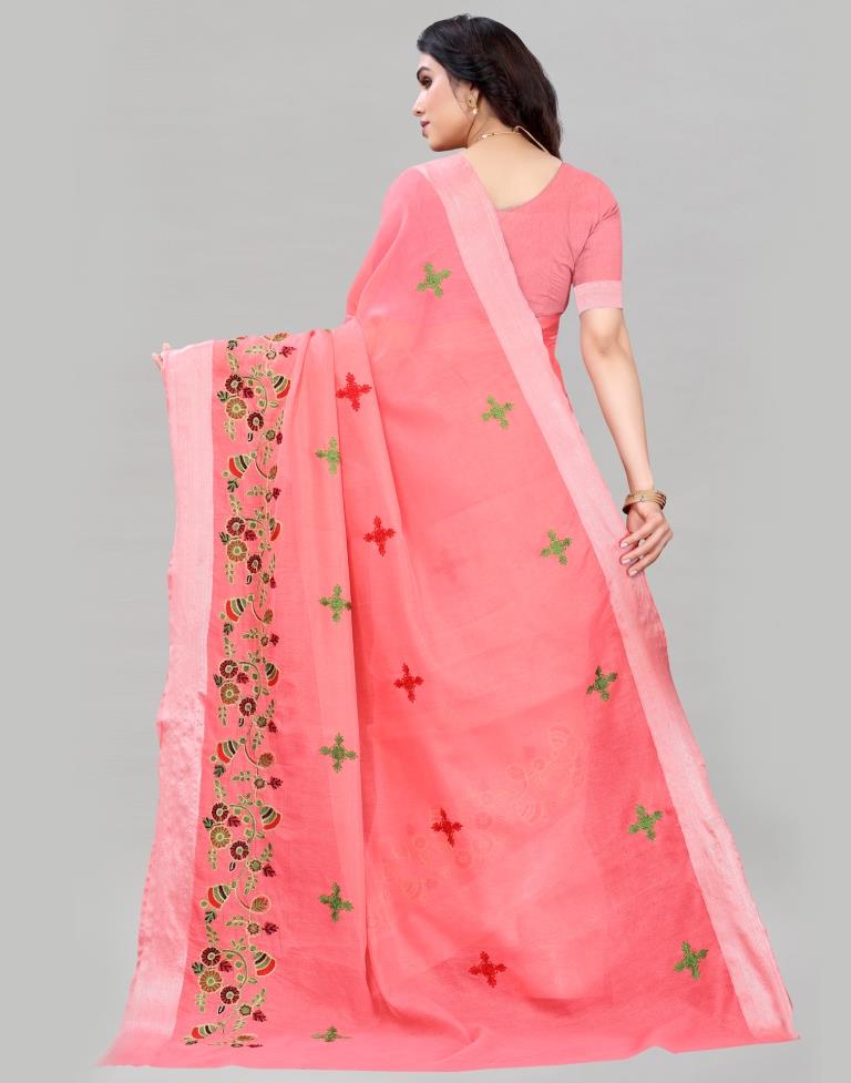 Rose Pink Cotton Embroidery d Saree | Sudathi