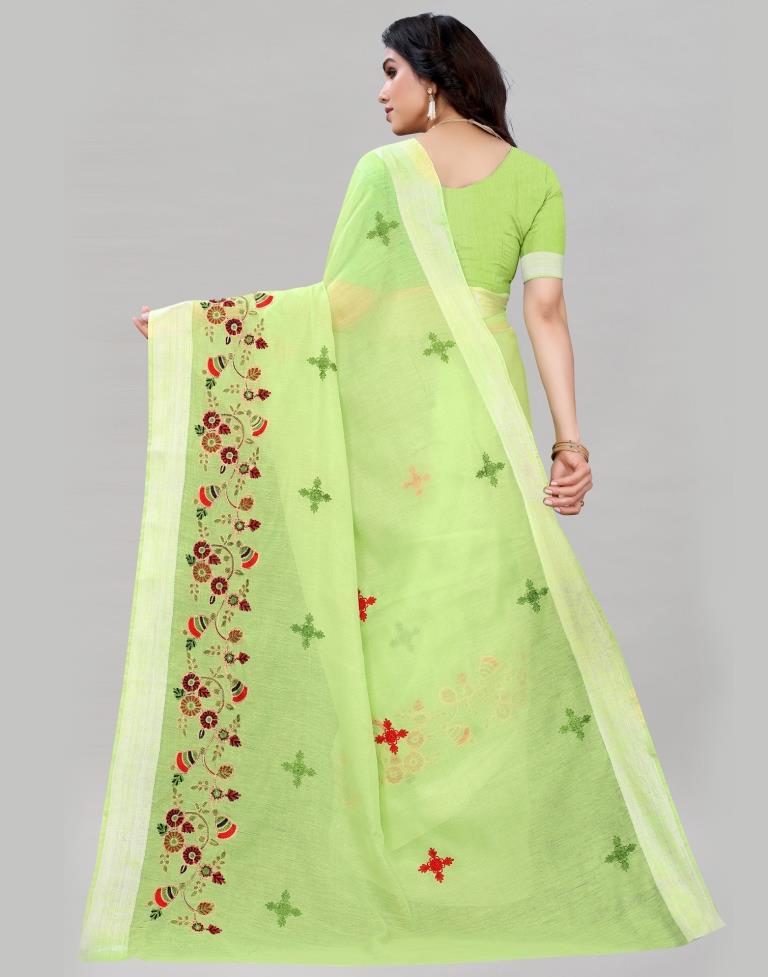 Pista Green Embroidered Cotton Saree | Sudathi
