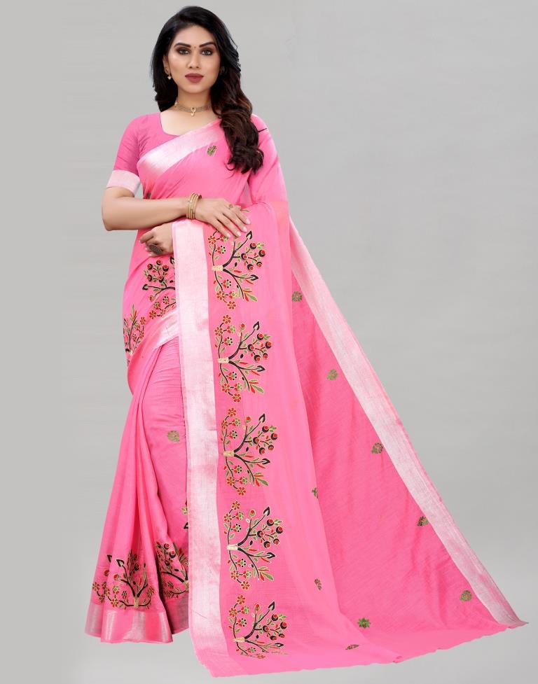 Pink Embroidered Cotton Saree | Sudathi