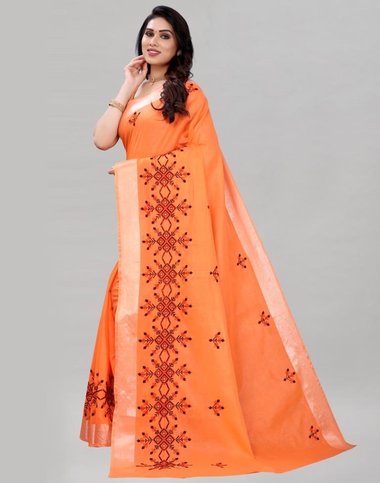 Orange Embroidered Cotton Saree | Sudathi